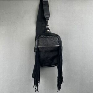 Trinity Ranch Black Leather Fringe Sling Bag Floral Embossed Hair Hide Crossbody